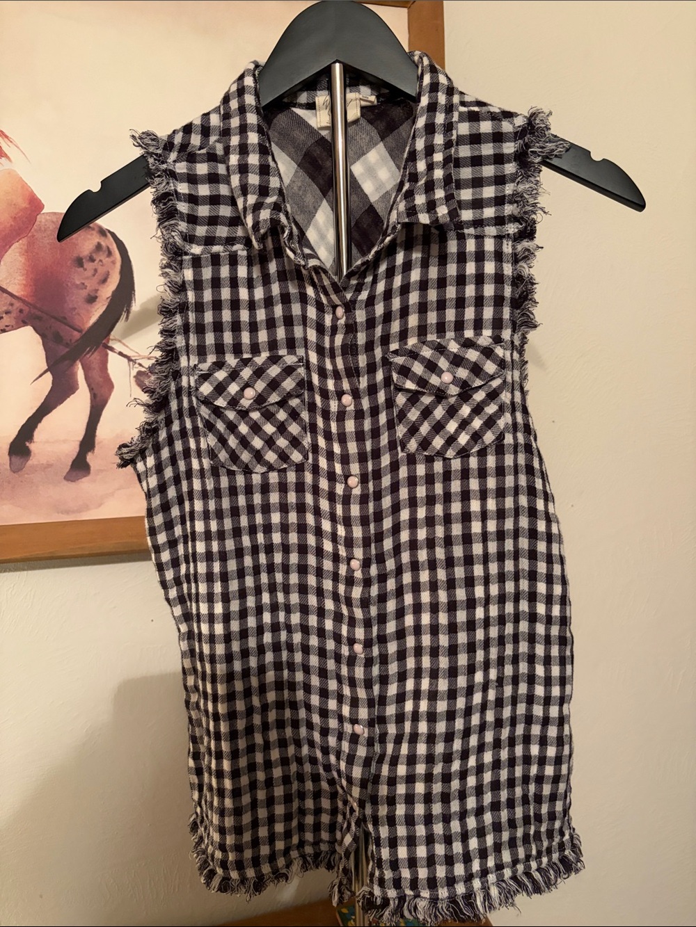White Crow Black and White Gingham Button-Down Sleeveless Top